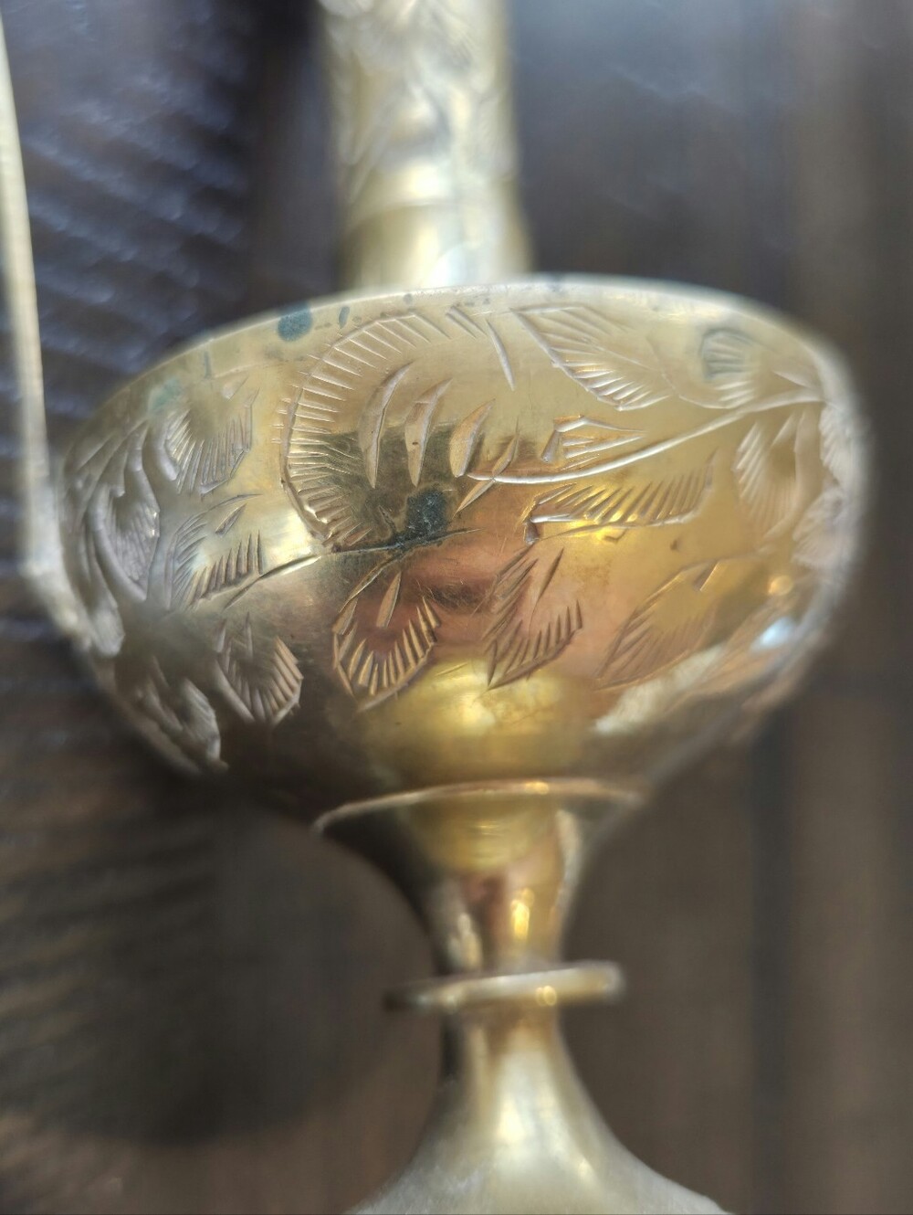 Vintage Etched Brass Pitcher India - Ornate Floral Footed Ewer Vase - Picture 4 of 12